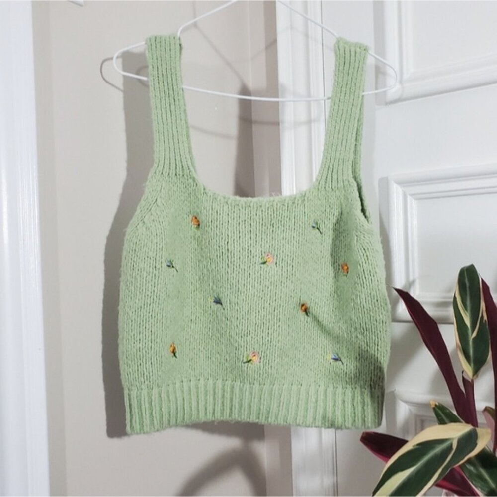 ENGLISH FACTORY Warm Soft Green Knit Tank with Embroidered Floral Detail- Size L